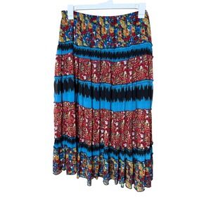 Notations Floral Tiered Boho Maxi Skirt Multicolor Elastic Waist L